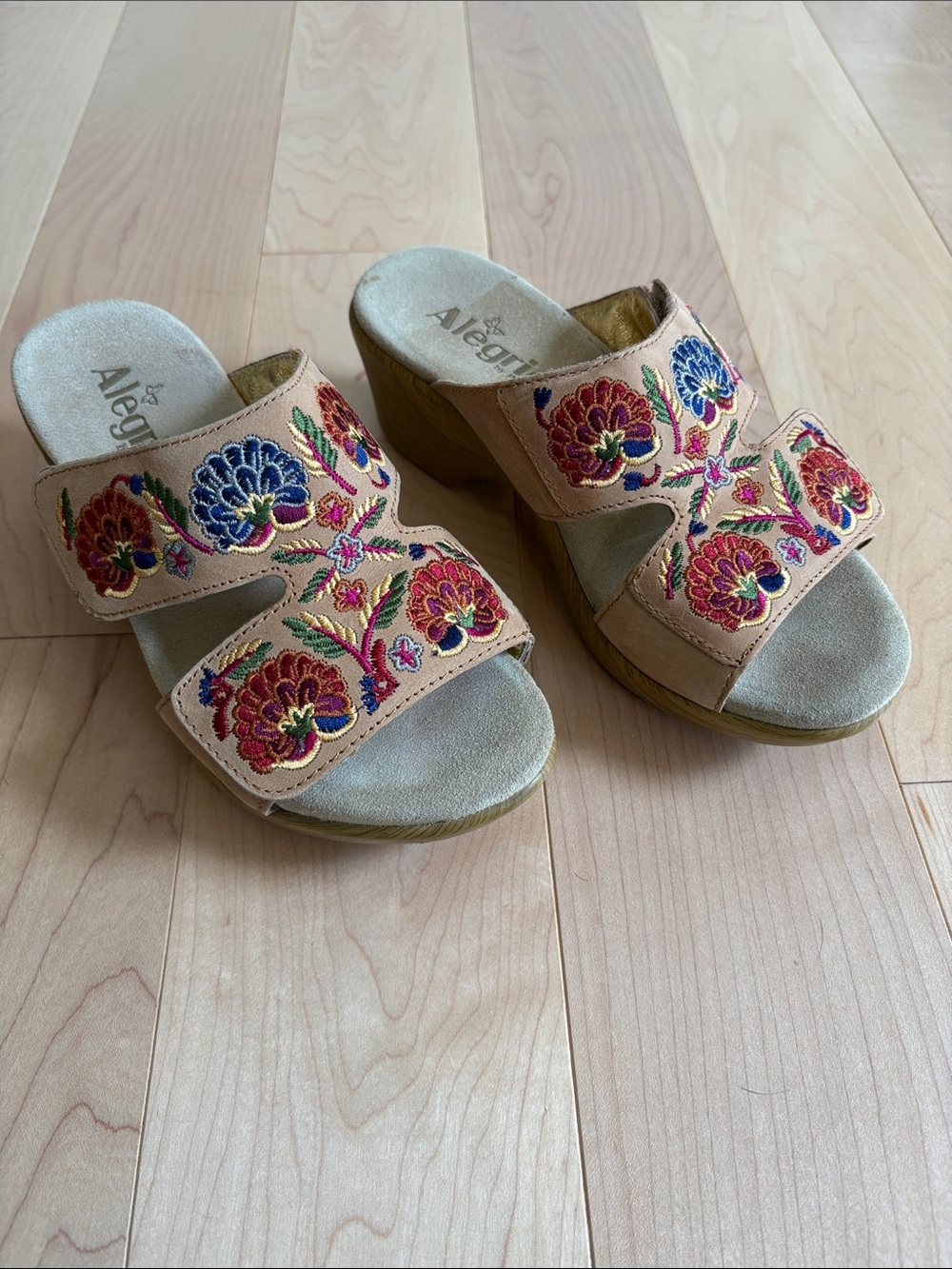 Alegria Beige Embroidered Floral Slide Clogs